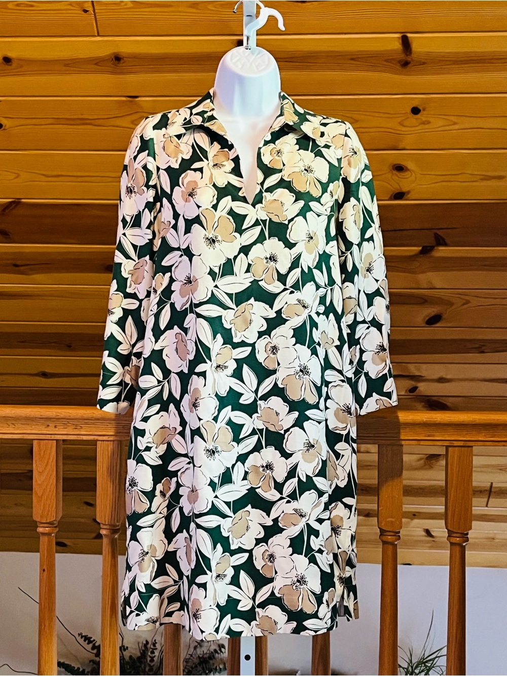 Hobbs London Marea Floral Tunic V-Neck Shift Dress in Dark Green & Cream Size 2